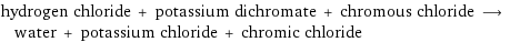 hydrogen chloride + potassium dichromate + chromous chloride ⟶ water + potassium chloride + chromic chloride