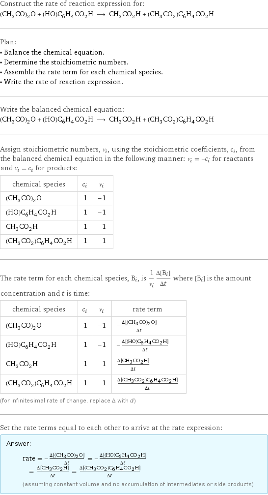 Construct the rate of reaction expression for: (CH_3CO)_2O + (HO)C_6H_4CO_2H ⟶ CH_3CO_2H + (CH_3CO_2)C_6H_4CO_2H Plan: • Balance the chemical equation. • Determine the stoichiometric numbers. • Assemble the rate term for each chemical species. • Write the rate of reaction expression. Write the balanced chemical equation: (CH_3CO)_2O + (HO)C_6H_4CO_2H ⟶ CH_3CO_2H + (CH_3CO_2)C_6H_4CO_2H Assign stoichiometric numbers, ν_i, using the stoichiometric coefficients, c_i, from the balanced chemical equation in the following manner: ν_i = -c_i for reactants and ν_i = c_i for products: chemical species | c_i | ν_i (CH_3CO)_2O | 1 | -1 (HO)C_6H_4CO_2H | 1 | -1 CH_3CO_2H | 1 | 1 (CH_3CO_2)C_6H_4CO_2H | 1 | 1 The rate term for each chemical species, B_i, is 1/ν_i(Δ[B_i])/(Δt) where [B_i] is the amount concentration and t is time: chemical species | c_i | ν_i | rate term (CH_3CO)_2O | 1 | -1 | -(Δ[(CH3CO)2O])/(Δt) (HO)C_6H_4CO_2H | 1 | -1 | -(Δ[(HO)C6H4CO2H])/(Δt) CH_3CO_2H | 1 | 1 | (Δ[CH3CO2H])/(Δt) (CH_3CO_2)C_6H_4CO_2H | 1 | 1 | (Δ[(CH3CO2)C6H4CO2H])/(Δt) (for infinitesimal rate of change, replace Δ with d) Set the rate terms equal to each other to arrive at the rate expression: Answer: |   | rate = -(Δ[(CH3CO)2O])/(Δt) = -(Δ[(HO)C6H4CO2H])/(Δt) = (Δ[CH3CO2H])/(Δt) = (Δ[(CH3CO2)C6H4CO2H])/(Δt) (assuming constant volume and no accumulation of intermediates or side products)