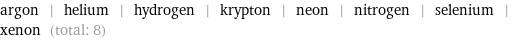 argon | helium | hydrogen | krypton | neon | nitrogen | selenium | xenon (total: 8)