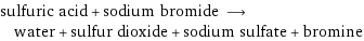 sulfuric acid + sodium bromide ⟶ water + sulfur dioxide + sodium sulfate + bromine