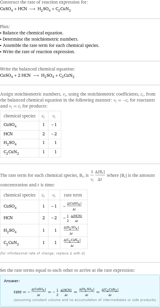 Construct the rate of reaction expression for: CuSO_4 + HCN ⟶ H_2SO_4 + C_2CuN_2 Plan: • Balance the chemical equation. • Determine the stoichiometric numbers. • Assemble the rate term for each chemical species. • Write the rate of reaction expression. Write the balanced chemical equation: CuSO_4 + 2 HCN ⟶ H_2SO_4 + C_2CuN_2 Assign stoichiometric numbers, ν_i, using the stoichiometric coefficients, c_i, from the balanced chemical equation in the following manner: ν_i = -c_i for reactants and ν_i = c_i for products: chemical species | c_i | ν_i CuSO_4 | 1 | -1 HCN | 2 | -2 H_2SO_4 | 1 | 1 C_2CuN_2 | 1 | 1 The rate term for each chemical species, B_i, is 1/ν_i(Δ[B_i])/(Δt) where [B_i] is the amount concentration and t is time: chemical species | c_i | ν_i | rate term CuSO_4 | 1 | -1 | -(Δ[CuSO4])/(Δt) HCN | 2 | -2 | -1/2 (Δ[HCN])/(Δt) H_2SO_4 | 1 | 1 | (Δ[H2SO4])/(Δt) C_2CuN_2 | 1 | 1 | (Δ[C2CuN2])/(Δt) (for infinitesimal rate of change, replace Δ with d) Set the rate terms equal to each other to arrive at the rate expression: Answer: |   | rate = -(Δ[CuSO4])/(Δt) = -1/2 (Δ[HCN])/(Δt) = (Δ[H2SO4])/(Δt) = (Δ[C2CuN2])/(Δt) (assuming constant volume and no accumulation of intermediates or side products)