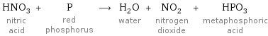 HNO_3 nitric acid + P red phosphorus ⟶ H_2O water + NO_2 nitrogen dioxide + HPO_3 metaphosphoric acid