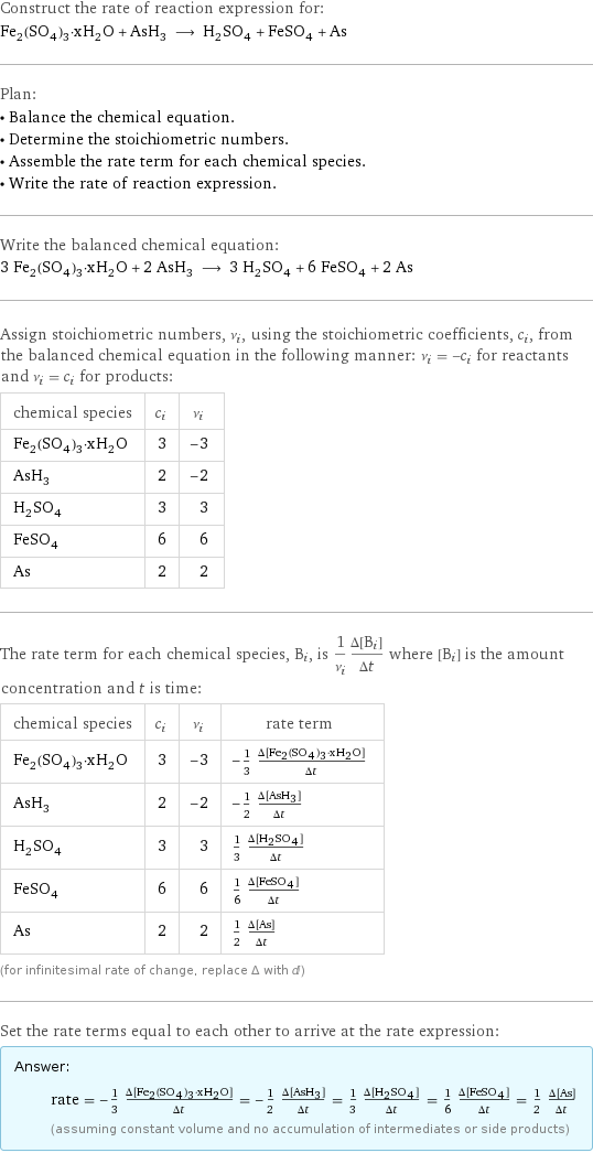 Construct the rate of reaction expression for: Fe_2(SO_4)_3·xH_2O + AsH_3 ⟶ H_2SO_4 + FeSO_4 + As Plan: • Balance the chemical equation. • Determine the stoichiometric numbers. • Assemble the rate term for each chemical species. • Write the rate of reaction expression. Write the balanced chemical equation: 3 Fe_2(SO_4)_3·xH_2O + 2 AsH_3 ⟶ 3 H_2SO_4 + 6 FeSO_4 + 2 As Assign stoichiometric numbers, ν_i, using the stoichiometric coefficients, c_i, from the balanced chemical equation in the following manner: ν_i = -c_i for reactants and ν_i = c_i for products: chemical species | c_i | ν_i Fe_2(SO_4)_3·xH_2O | 3 | -3 AsH_3 | 2 | -2 H_2SO_4 | 3 | 3 FeSO_4 | 6 | 6 As | 2 | 2 The rate term for each chemical species, B_i, is 1/ν_i(Δ[B_i])/(Δt) where [B_i] is the amount concentration and t is time: chemical species | c_i | ν_i | rate term Fe_2(SO_4)_3·xH_2O | 3 | -3 | -1/3 (Δ[Fe2(SO4)3·xH2O])/(Δt) AsH_3 | 2 | -2 | -1/2 (Δ[AsH3])/(Δt) H_2SO_4 | 3 | 3 | 1/3 (Δ[H2SO4])/(Δt) FeSO_4 | 6 | 6 | 1/6 (Δ[FeSO4])/(Δt) As | 2 | 2 | 1/2 (Δ[As])/(Δt) (for infinitesimal rate of change, replace Δ with d) Set the rate terms equal to each other to arrive at the rate expression: Answer: |   | rate = -1/3 (Δ[Fe2(SO4)3·xH2O])/(Δt) = -1/2 (Δ[AsH3])/(Δt) = 1/3 (Δ[H2SO4])/(Δt) = 1/6 (Δ[FeSO4])/(Δt) = 1/2 (Δ[As])/(Δt) (assuming constant volume and no accumulation of intermediates or side products)