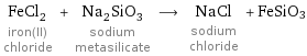 FeCl_2 iron(II) chloride + Na_2SiO_3 sodium metasilicate ⟶ NaCl sodium chloride + FeSiO3