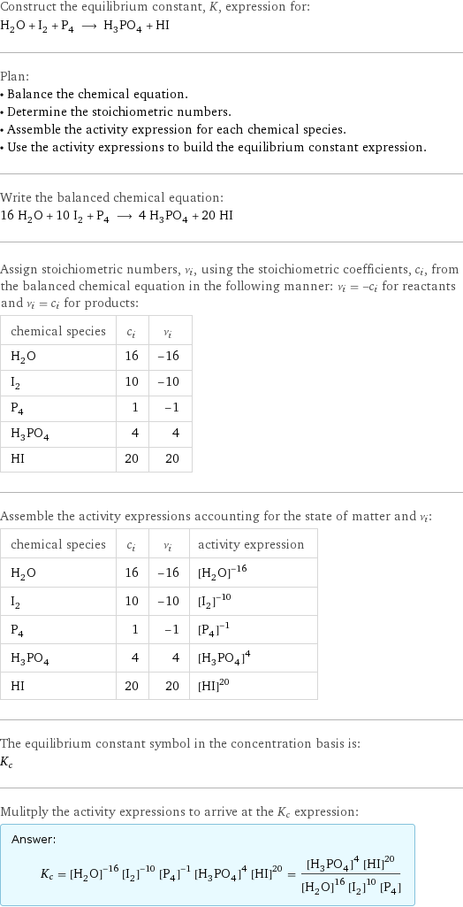 Construct the equilibrium constant, K, expression for: H_2O + I_2 + P_4 ⟶ H_3PO_4 + HI Plan: • Balance the chemical equation. • Determine the stoichiometric numbers. • Assemble the activity expression for each chemical species. • Use the activity expressions to build the equilibrium constant expression. Write the balanced chemical equation: 16 H_2O + 10 I_2 + P_4 ⟶ 4 H_3PO_4 + 20 HI Assign stoichiometric numbers, ν_i, using the stoichiometric coefficients, c_i, from the balanced chemical equation in the following manner: ν_i = -c_i for reactants and ν_i = c_i for products: chemical species | c_i | ν_i H_2O | 16 | -16 I_2 | 10 | -10 P_4 | 1 | -1 H_3PO_4 | 4 | 4 HI | 20 | 20 Assemble the activity expressions accounting for the state of matter and ν_i: chemical species | c_i | ν_i | activity expression H_2O | 16 | -16 | ([H2O])^(-16) I_2 | 10 | -10 | ([I2])^(-10) P_4 | 1 | -1 | ([P4])^(-1) H_3PO_4 | 4 | 4 | ([H3PO4])^4 HI | 20 | 20 | ([HI])^20 The equilibrium constant symbol in the concentration basis is: K_c Mulitply the activity expressions to arrive at the K_c expression: Answer: |   | K_c = ([H2O])^(-16) ([I2])^(-10) ([P4])^(-1) ([H3PO4])^4 ([HI])^20 = (([H3PO4])^4 ([HI])^20)/(([H2O])^16 ([I2])^10 [P4])