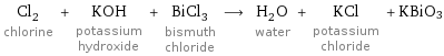 Cl_2 chlorine + KOH potassium hydroxide + BiCl_3 bismuth chloride ⟶ H_2O water + KCl potassium chloride + KBiO3