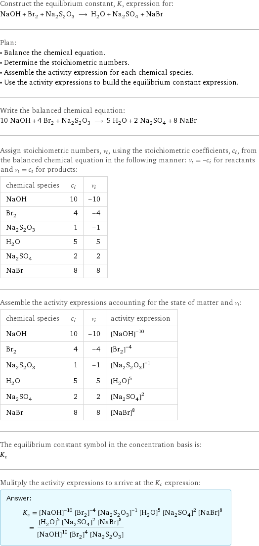 Construct the equilibrium constant, K, expression for: NaOH + Br_2 + Na_2S_2O_3 ⟶ H_2O + Na_2SO_4 + NaBr Plan: • Balance the chemical equation. • Determine the stoichiometric numbers. • Assemble the activity expression for each chemical species. • Use the activity expressions to build the equilibrium constant expression. Write the balanced chemical equation: 10 NaOH + 4 Br_2 + Na_2S_2O_3 ⟶ 5 H_2O + 2 Na_2SO_4 + 8 NaBr Assign stoichiometric numbers, ν_i, using the stoichiometric coefficients, c_i, from the balanced chemical equation in the following manner: ν_i = -c_i for reactants and ν_i = c_i for products: chemical species | c_i | ν_i NaOH | 10 | -10 Br_2 | 4 | -4 Na_2S_2O_3 | 1 | -1 H_2O | 5 | 5 Na_2SO_4 | 2 | 2 NaBr | 8 | 8 Assemble the activity expressions accounting for the state of matter and ν_i: chemical species | c_i | ν_i | activity expression NaOH | 10 | -10 | ([NaOH])^(-10) Br_2 | 4 | -4 | ([Br2])^(-4) Na_2S_2O_3 | 1 | -1 | ([Na2S2O3])^(-1) H_2O | 5 | 5 | ([H2O])^5 Na_2SO_4 | 2 | 2 | ([Na2SO4])^2 NaBr | 8 | 8 | ([NaBr])^8 The equilibrium constant symbol in the concentration basis is: K_c Mulitply the activity expressions to arrive at the K_c expression: Answer: |   | K_c = ([NaOH])^(-10) ([Br2])^(-4) ([Na2S2O3])^(-1) ([H2O])^5 ([Na2SO4])^2 ([NaBr])^8 = (([H2O])^5 ([Na2SO4])^2 ([NaBr])^8)/(([NaOH])^10 ([Br2])^4 [Na2S2O3])