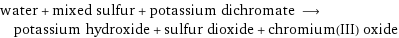 water + mixed sulfur + potassium dichromate ⟶ potassium hydroxide + sulfur dioxide + chromium(III) oxide