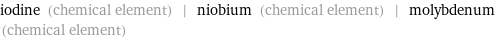 iodine (chemical element) | niobium (chemical element) | molybdenum (chemical element)