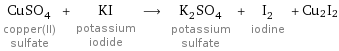 CuSO_4 copper(II) sulfate + KI potassium iodide ⟶ K_2SO_4 potassium sulfate + I_2 iodine + Cu2I2