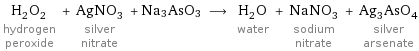 H_2O_2 hydrogen peroxide + AgNO_3 silver nitrate + Na3AsO3 ⟶ H_2O water + NaNO_3 sodium nitrate + Ag_3AsO_4 silver arsenate