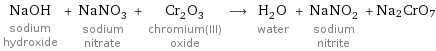 NaOH sodium hydroxide + NaNO_3 sodium nitrate + Cr_2O_3 chromium(III) oxide ⟶ H_2O water + NaNO_2 sodium nitrite + Na2CrO7