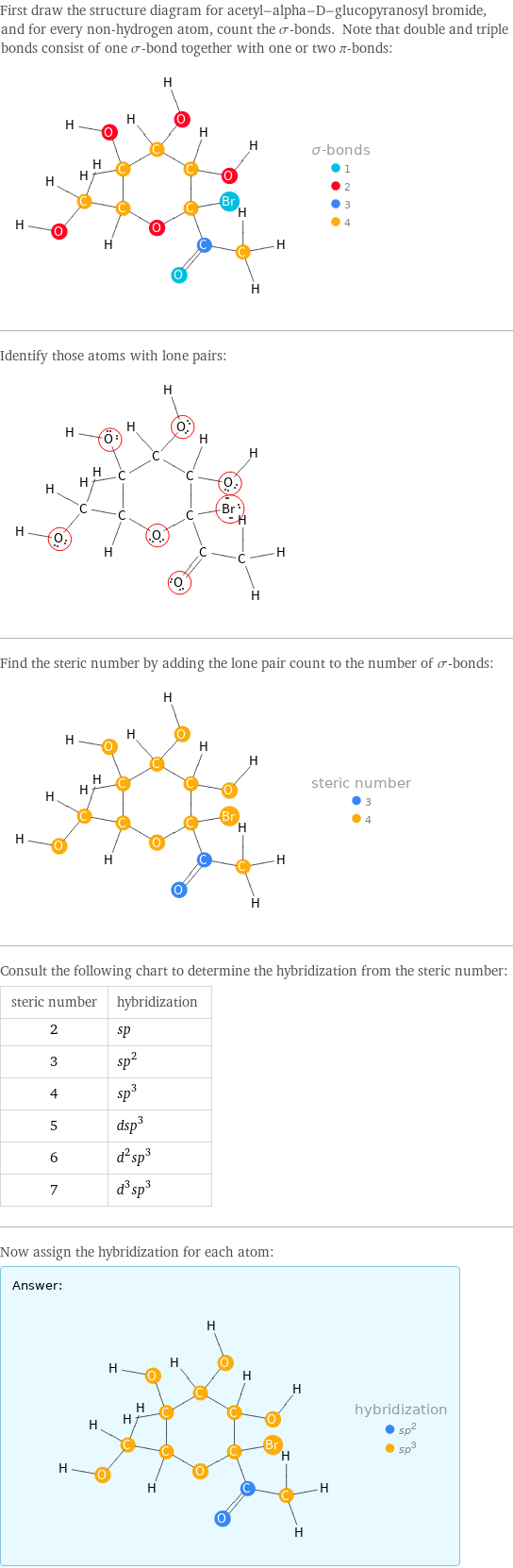 First draw the structure diagram for acetyl-alpha-D-glucopyranosyl bromide, and for every non-hydrogen atom, count the σ-bonds. Note that double and triple bonds consist of one σ-bond together with one or two π-bonds:  Identify those atoms with lone pairs:  Find the steric number by adding the lone pair count to the number of σ-bonds:  Consult the following chart to determine the hybridization from the steric number: steric number | hybridization 2 | sp 3 | sp^2 4 | sp^3 5 | dsp^3 6 | d^2sp^3 7 | d^3sp^3 Now assign the hybridization for each atom: Answer: |   | 