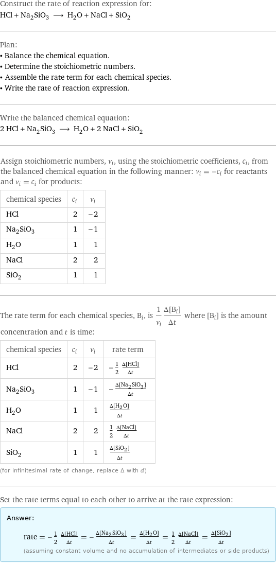 Construct the rate of reaction expression for: HCl + Na_2SiO_3 ⟶ H_2O + NaCl + SiO_2 Plan: • Balance the chemical equation. • Determine the stoichiometric numbers. • Assemble the rate term for each chemical species. • Write the rate of reaction expression. Write the balanced chemical equation: 2 HCl + Na_2SiO_3 ⟶ H_2O + 2 NaCl + SiO_2 Assign stoichiometric numbers, ν_i, using the stoichiometric coefficients, c_i, from the balanced chemical equation in the following manner: ν_i = -c_i for reactants and ν_i = c_i for products: chemical species | c_i | ν_i HCl | 2 | -2 Na_2SiO_3 | 1 | -1 H_2O | 1 | 1 NaCl | 2 | 2 SiO_2 | 1 | 1 The rate term for each chemical species, B_i, is 1/ν_i(Δ[B_i])/(Δt) where [B_i] is the amount concentration and t is time: chemical species | c_i | ν_i | rate term HCl | 2 | -2 | -1/2 (Δ[HCl])/(Δt) Na_2SiO_3 | 1 | -1 | -(Δ[Na2SiO3])/(Δt) H_2O | 1 | 1 | (Δ[H2O])/(Δt) NaCl | 2 | 2 | 1/2 (Δ[NaCl])/(Δt) SiO_2 | 1 | 1 | (Δ[SiO2])/(Δt) (for infinitesimal rate of change, replace Δ with d) Set the rate terms equal to each other to arrive at the rate expression: Answer: |   | rate = -1/2 (Δ[HCl])/(Δt) = -(Δ[Na2SiO3])/(Δt) = (Δ[H2O])/(Δt) = 1/2 (Δ[NaCl])/(Δt) = (Δ[SiO2])/(Δt) (assuming constant volume and no accumulation of intermediates or side products)