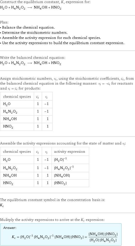 Construct the equilibrium constant, K, expression for: H_2O + H_4N_2O_2 ⟶ NH_4OH + HNO_2 Plan: • Balance the chemical equation. • Determine the stoichiometric numbers. • Assemble the activity expression for each chemical species. • Use the activity expressions to build the equilibrium constant expression. Write the balanced chemical equation: H_2O + H_4N_2O_2 ⟶ NH_4OH + HNO_2 Assign stoichiometric numbers, ν_i, using the stoichiometric coefficients, c_i, from the balanced chemical equation in the following manner: ν_i = -c_i for reactants and ν_i = c_i for products: chemical species | c_i | ν_i H_2O | 1 | -1 H_4N_2O_2 | 1 | -1 NH_4OH | 1 | 1 HNO_2 | 1 | 1 Assemble the activity expressions accounting for the state of matter and ν_i: chemical species | c_i | ν_i | activity expression H_2O | 1 | -1 | ([H2O])^(-1) H_4N_2O_2 | 1 | -1 | ([H4N2O2])^(-1) NH_4OH | 1 | 1 | [NH4OH] HNO_2 | 1 | 1 | [HNO2] The equilibrium constant symbol in the concentration basis is: K_c Mulitply the activity expressions to arrive at the K_c expression: Answer: |   | K_c = ([H2O])^(-1) ([H4N2O2])^(-1) [NH4OH] [HNO2] = ([NH4OH] [HNO2])/([H2O] [H4N2O2])