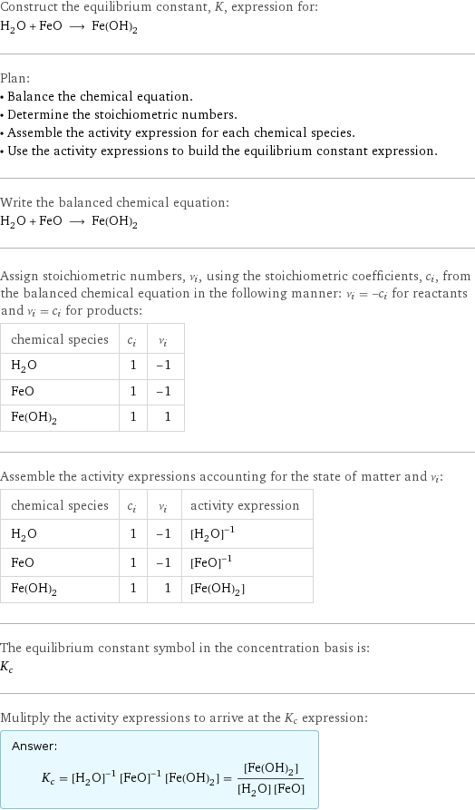 Construct the equilibrium constant, K, expression for: H_2O + FeO ⟶ Fe(OH)_2 Plan: • Balance the chemical equation. • Determine the stoichiometric numbers. • Assemble the activity expression for each chemical species. • Use the activity expressions to build the equilibrium constant expression. Write the balanced chemical equation: H_2O + FeO ⟶ Fe(OH)_2 Assign stoichiometric numbers, ν_i, using the stoichiometric coefficients, c_i, from the balanced chemical equation in the following manner: ν_i = -c_i for reactants and ν_i = c_i for products: chemical species | c_i | ν_i H_2O | 1 | -1 FeO | 1 | -1 Fe(OH)_2 | 1 | 1 Assemble the activity expressions accounting for the state of matter and ν_i: chemical species | c_i | ν_i | activity expression H_2O | 1 | -1 | ([H2O])^(-1) FeO | 1 | -1 | ([FeO])^(-1) Fe(OH)_2 | 1 | 1 | [Fe(OH)2] The equilibrium constant symbol in the concentration basis is: K_c Mulitply the activity expressions to arrive at the K_c expression: Answer: |   | K_c = ([H2O])^(-1) ([FeO])^(-1) [Fe(OH)2] = ([Fe(OH)2])/([H2O] [FeO])