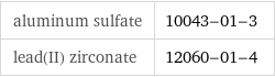 aluminum sulfate | 10043-01-3 lead(II) zirconate | 12060-01-4