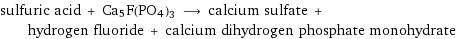 sulfuric acid + Ca5F(PO4)3 ⟶ calcium sulfate + hydrogen fluoride + calcium dihydrogen phosphate monohydrate