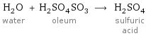 H_2O water + H_2SO_4SO_3 oleum ⟶ H_2SO_4 sulfuric acid