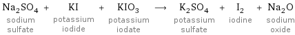 Na_2SO_4 sodium sulfate + KI potassium iodide + KIO_3 potassium iodate ⟶ K_2SO_4 potassium sulfate + I_2 iodine + Na_2O sodium oxide