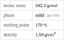 molar mass | 342.3 g/mol phase | solid (at STP) melting point | 170 °C density | 1.59 g/cm^3