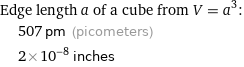 Edge length a of a cube from V = a^3:  | 507 pm (picometers)  | 2×10^-8 inches