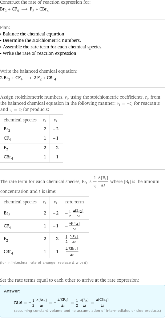 Construct the rate of reaction expression for: Br_2 + CF_4 ⟶ F_2 + CBr_4 Plan: • Balance the chemical equation. • Determine the stoichiometric numbers. • Assemble the rate term for each chemical species. • Write the rate of reaction expression. Write the balanced chemical equation: 2 Br_2 + CF_4 ⟶ 2 F_2 + CBr_4 Assign stoichiometric numbers, ν_i, using the stoichiometric coefficients, c_i, from the balanced chemical equation in the following manner: ν_i = -c_i for reactants and ν_i = c_i for products: chemical species | c_i | ν_i Br_2 | 2 | -2 CF_4 | 1 | -1 F_2 | 2 | 2 CBr_4 | 1 | 1 The rate term for each chemical species, B_i, is 1/ν_i(Δ[B_i])/(Δt) where [B_i] is the amount concentration and t is time: chemical species | c_i | ν_i | rate term Br_2 | 2 | -2 | -1/2 (Δ[Br2])/(Δt) CF_4 | 1 | -1 | -(Δ[CF4])/(Δt) F_2 | 2 | 2 | 1/2 (Δ[F2])/(Δt) CBr_4 | 1 | 1 | (Δ[CBr4])/(Δt) (for infinitesimal rate of change, replace Δ with d) Set the rate terms equal to each other to arrive at the rate expression: Answer: |   | rate = -1/2 (Δ[Br2])/(Δt) = -(Δ[CF4])/(Δt) = 1/2 (Δ[F2])/(Δt) = (Δ[CBr4])/(Δt) (assuming constant volume and no accumulation of intermediates or side products)