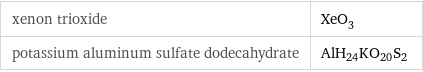 xenon trioxide | XeO_3 potassium aluminum sulfate dodecahydrate | AlH_24KO_20S_2