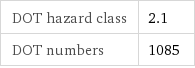 DOT hazard class | 2.1 DOT numbers | 1085