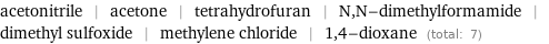 acetonitrile | acetone | tetrahydrofuran | N, N-dimethylformamide | dimethyl sulfoxide | methylene chloride | 1, 4-dioxane (total: 7)