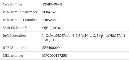 CAS number | 13598-36-2 PubChem CID number | 3084169 PubChem SID number | 24852869 SMILES identifier | O[P+](=O)O InChI identifier | InChI=1/HO3P/c1-4(2)3/h(H-, 1, 2, 3)/p+1/fH2O3P/h1-2H/q+1 RTECS number | SZ6400000 MDL number | MFCD00137258