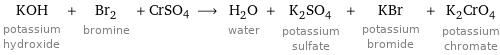 KOH potassium hydroxide + Br_2 bromine + CrSO4 ⟶ H_2O water + K_2SO_4 potassium sulfate + KBr potassium bromide + K_2CrO_4 potassium chromate