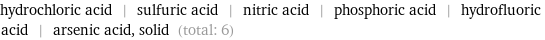 hydrochloric acid | sulfuric acid | nitric acid | phosphoric acid | hydrofluoric acid | arsenic acid, solid (total: 6)