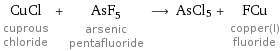 CuCl cuprous chloride + AsF_5 arsenic pentafluoride ⟶ AsCl5 + FCu copper(I) fluoride