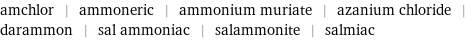 amchlor | ammoneric | ammonium muriate | azanium chloride | darammon | sal ammoniac | salammonite | salmiac