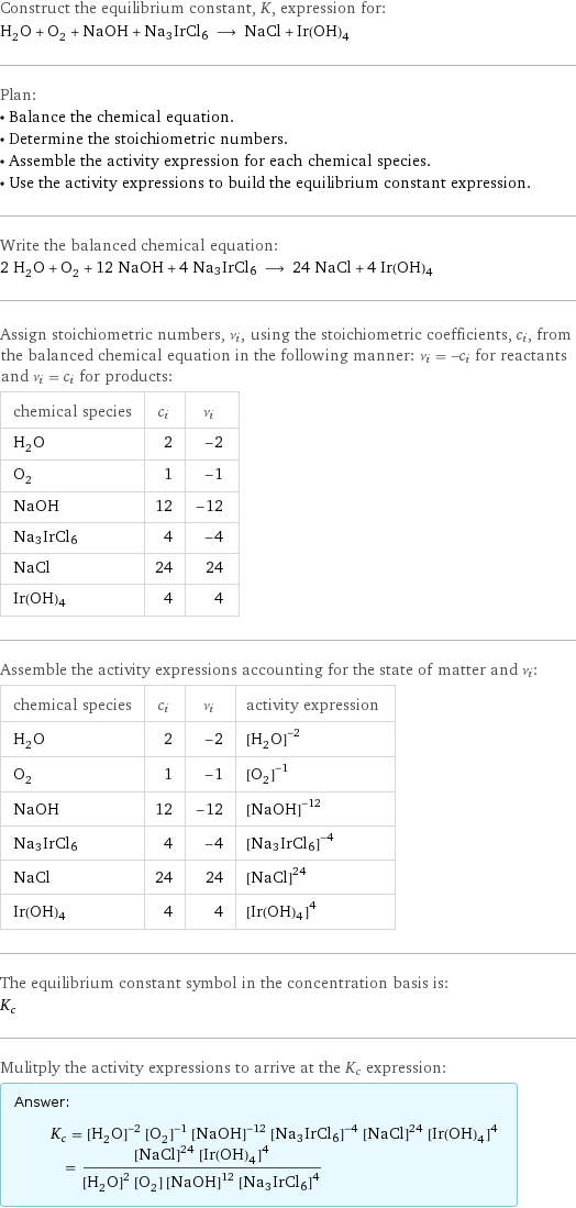 Construct the equilibrium constant, K, expression for: H_2O + O_2 + NaOH + Na3IrCl6 ⟶ NaCl + Ir(OH)4 Plan: • Balance the chemical equation. • Determine the stoichiometric numbers. • Assemble the activity expression for each chemical species. • Use the activity expressions to build the equilibrium constant expression. Write the balanced chemical equation: 2 H_2O + O_2 + 12 NaOH + 4 Na3IrCl6 ⟶ 24 NaCl + 4 Ir(OH)4 Assign stoichiometric numbers, ν_i, using the stoichiometric coefficients, c_i, from the balanced chemical equation in the following manner: ν_i = -c_i for reactants and ν_i = c_i for products: chemical species | c_i | ν_i H_2O | 2 | -2 O_2 | 1 | -1 NaOH | 12 | -12 Na3IrCl6 | 4 | -4 NaCl | 24 | 24 Ir(OH)4 | 4 | 4 Assemble the activity expressions accounting for the state of matter and ν_i: chemical species | c_i | ν_i | activity expression H_2O | 2 | -2 | ([H2O])^(-2) O_2 | 1 | -1 | ([O2])^(-1) NaOH | 12 | -12 | ([NaOH])^(-12) Na3IrCl6 | 4 | -4 | ([Na3IrCl6])^(-4) NaCl | 24 | 24 | ([NaCl])^24 Ir(OH)4 | 4 | 4 | ([Ir(OH)4])^4 The equilibrium constant symbol in the concentration basis is: K_c Mulitply the activity expressions to arrive at the K_c expression: Answer: |   | K_c = ([H2O])^(-2) ([O2])^(-1) ([NaOH])^(-12) ([Na3IrCl6])^(-4) ([NaCl])^24 ([Ir(OH)4])^4 = (([NaCl])^24 ([Ir(OH)4])^4)/(([H2O])^2 [O2] ([NaOH])^12 ([Na3IrCl6])^4)