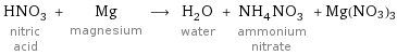 HNO_3 nitric acid + Mg magnesium ⟶ H_2O water + NH_4NO_3 ammonium nitrate + Mg(NO3)3