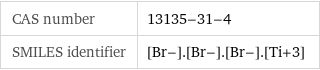 CAS number | 13135-31-4 SMILES identifier | [Br-].[Br-].[Br-].[Ti+3]