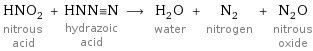 HNO_2 nitrous acid + HNN congruent N hydrazoic acid ⟶ H_2O water + N_2 nitrogen + N_2O nitrous oxide