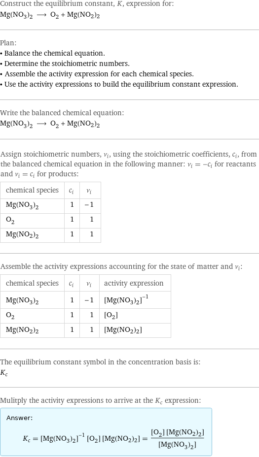 Construct the equilibrium constant, K, expression for: Mg(NO_3)_2 ⟶ O_2 + Mg(NO2)2 Plan: • Balance the chemical equation. • Determine the stoichiometric numbers. • Assemble the activity expression for each chemical species. • Use the activity expressions to build the equilibrium constant expression. Write the balanced chemical equation: Mg(NO_3)_2 ⟶ O_2 + Mg(NO2)2 Assign stoichiometric numbers, ν_i, using the stoichiometric coefficients, c_i, from the balanced chemical equation in the following manner: ν_i = -c_i for reactants and ν_i = c_i for products: chemical species | c_i | ν_i Mg(NO_3)_2 | 1 | -1 O_2 | 1 | 1 Mg(NO2)2 | 1 | 1 Assemble the activity expressions accounting for the state of matter and ν_i: chemical species | c_i | ν_i | activity expression Mg(NO_3)_2 | 1 | -1 | ([Mg(NO3)2])^(-1) O_2 | 1 | 1 | [O2] Mg(NO2)2 | 1 | 1 | [Mg(NO2)2] The equilibrium constant symbol in the concentration basis is: K_c Mulitply the activity expressions to arrive at the K_c expression: Answer: |   | K_c = ([Mg(NO3)2])^(-1) [O2] [Mg(NO2)2] = ([O2] [Mg(NO2)2])/([Mg(NO3)2])