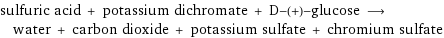 sulfuric acid + potassium dichromate + D-(+)-glucose ⟶ water + carbon dioxide + potassium sulfate + chromium sulfate
