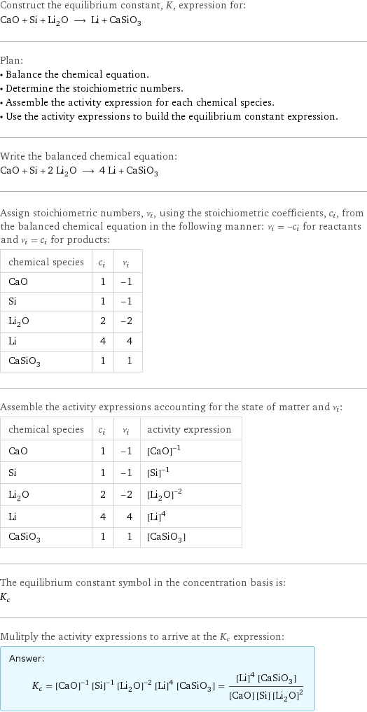 Construct the equilibrium constant, K, expression for: CaO + Si + Li_2O ⟶ Li + CaSiO_3 Plan: • Balance the chemical equation. • Determine the stoichiometric numbers. • Assemble the activity expression for each chemical species. • Use the activity expressions to build the equilibrium constant expression. Write the balanced chemical equation: CaO + Si + 2 Li_2O ⟶ 4 Li + CaSiO_3 Assign stoichiometric numbers, ν_i, using the stoichiometric coefficients, c_i, from the balanced chemical equation in the following manner: ν_i = -c_i for reactants and ν_i = c_i for products: chemical species | c_i | ν_i CaO | 1 | -1 Si | 1 | -1 Li_2O | 2 | -2 Li | 4 | 4 CaSiO_3 | 1 | 1 Assemble the activity expressions accounting for the state of matter and ν_i: chemical species | c_i | ν_i | activity expression CaO | 1 | -1 | ([CaO])^(-1) Si | 1 | -1 | ([Si])^(-1) Li_2O | 2 | -2 | ([Li2O])^(-2) Li | 4 | 4 | ([Li])^4 CaSiO_3 | 1 | 1 | [CaSiO3] The equilibrium constant symbol in the concentration basis is: K_c Mulitply the activity expressions to arrive at the K_c expression: Answer: |   | K_c = ([CaO])^(-1) ([Si])^(-1) ([Li2O])^(-2) ([Li])^4 [CaSiO3] = (([Li])^4 [CaSiO3])/([CaO] [Si] ([Li2O])^2)