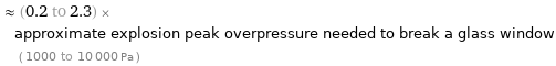  ≈ (0.2 to 2.3) × approximate explosion peak overpressure needed to break a glass window ( 1000 to 10000 Pa )