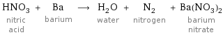 HNO_3 nitric acid + Ba barium ⟶ H_2O water + N_2 nitrogen + Ba(NO_3)_2 barium nitrate