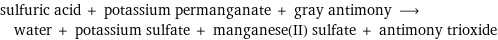 sulfuric acid + potassium permanganate + gray antimony ⟶ water + potassium sulfate + manganese(II) sulfate + antimony trioxide