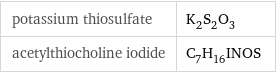 potassium thiosulfate | K_2S_2O_3 acetylthiocholine iodide | C_7H_16INOS