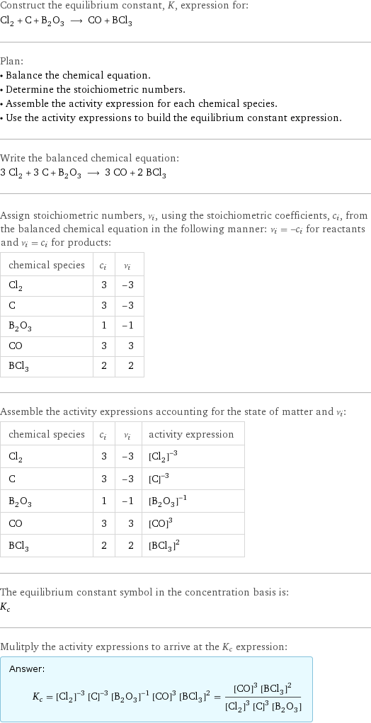 Construct the equilibrium constant, K, expression for: Cl_2 + C + B_2O_3 ⟶ CO + BCl_3 Plan: • Balance the chemical equation. • Determine the stoichiometric numbers. • Assemble the activity expression for each chemical species. • Use the activity expressions to build the equilibrium constant expression. Write the balanced chemical equation: 3 Cl_2 + 3 C + B_2O_3 ⟶ 3 CO + 2 BCl_3 Assign stoichiometric numbers, ν_i, using the stoichiometric coefficients, c_i, from the balanced chemical equation in the following manner: ν_i = -c_i for reactants and ν_i = c_i for products: chemical species | c_i | ν_i Cl_2 | 3 | -3 C | 3 | -3 B_2O_3 | 1 | -1 CO | 3 | 3 BCl_3 | 2 | 2 Assemble the activity expressions accounting for the state of matter and ν_i: chemical species | c_i | ν_i | activity expression Cl_2 | 3 | -3 | ([Cl2])^(-3) C | 3 | -3 | ([C])^(-3) B_2O_3 | 1 | -1 | ([B2O3])^(-1) CO | 3 | 3 | ([CO])^3 BCl_3 | 2 | 2 | ([BCl3])^2 The equilibrium constant symbol in the concentration basis is: K_c Mulitply the activity expressions to arrive at the K_c expression: Answer: |   | K_c = ([Cl2])^(-3) ([C])^(-3) ([B2O3])^(-1) ([CO])^3 ([BCl3])^2 = (([CO])^3 ([BCl3])^2)/(([Cl2])^3 ([C])^3 [B2O3])