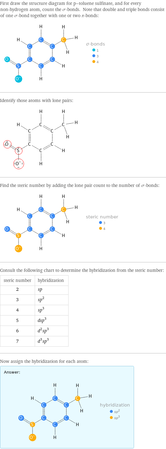 First draw the structure diagram for p-toluene sulfinate, and for every non-hydrogen atom, count the σ-bonds. Note that double and triple bonds consist of one σ-bond together with one or two π-bonds:  Identify those atoms with lone pairs:  Find the steric number by adding the lone pair count to the number of σ-bonds:  Consult the following chart to determine the hybridization from the steric number: steric number | hybridization 2 | sp 3 | sp^2 4 | sp^3 5 | dsp^3 6 | d^2sp^3 7 | d^3sp^3 Now assign the hybridization for each atom: Answer: |   | 