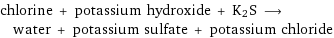 chlorine + potassium hydroxide + K2S ⟶ water + potassium sulfate + potassium chloride