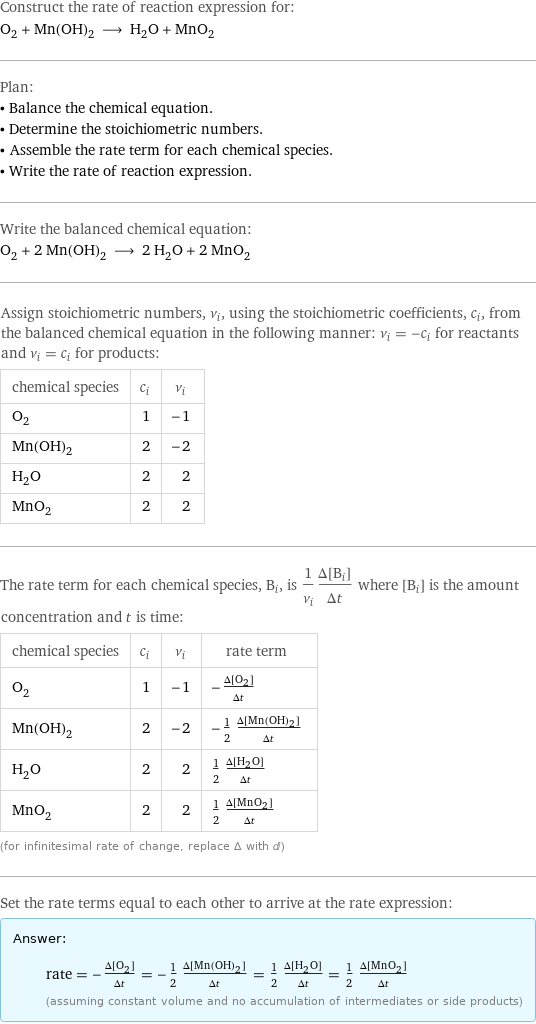 Construct the rate of reaction expression for: O_2 + Mn(OH)_2 ⟶ H_2O + MnO_2 Plan: • Balance the chemical equation. • Determine the stoichiometric numbers. • Assemble the rate term for each chemical species. • Write the rate of reaction expression. Write the balanced chemical equation: O_2 + 2 Mn(OH)_2 ⟶ 2 H_2O + 2 MnO_2 Assign stoichiometric numbers, ν_i, using the stoichiometric coefficients, c_i, from the balanced chemical equation in the following manner: ν_i = -c_i for reactants and ν_i = c_i for products: chemical species | c_i | ν_i O_2 | 1 | -1 Mn(OH)_2 | 2 | -2 H_2O | 2 | 2 MnO_2 | 2 | 2 The rate term for each chemical species, B_i, is 1/ν_i(Δ[B_i])/(Δt) where [B_i] is the amount concentration and t is time: chemical species | c_i | ν_i | rate term O_2 | 1 | -1 | -(Δ[O2])/(Δt) Mn(OH)_2 | 2 | -2 | -1/2 (Δ[Mn(OH)2])/(Δt) H_2O | 2 | 2 | 1/2 (Δ[H2O])/(Δt) MnO_2 | 2 | 2 | 1/2 (Δ[MnO2])/(Δt) (for infinitesimal rate of change, replace Δ with d) Set the rate terms equal to each other to arrive at the rate expression: Answer: |   | rate = -(Δ[O2])/(Δt) = -1/2 (Δ[Mn(OH)2])/(Δt) = 1/2 (Δ[H2O])/(Δt) = 1/2 (Δ[MnO2])/(Δt) (assuming constant volume and no accumulation of intermediates or side products)